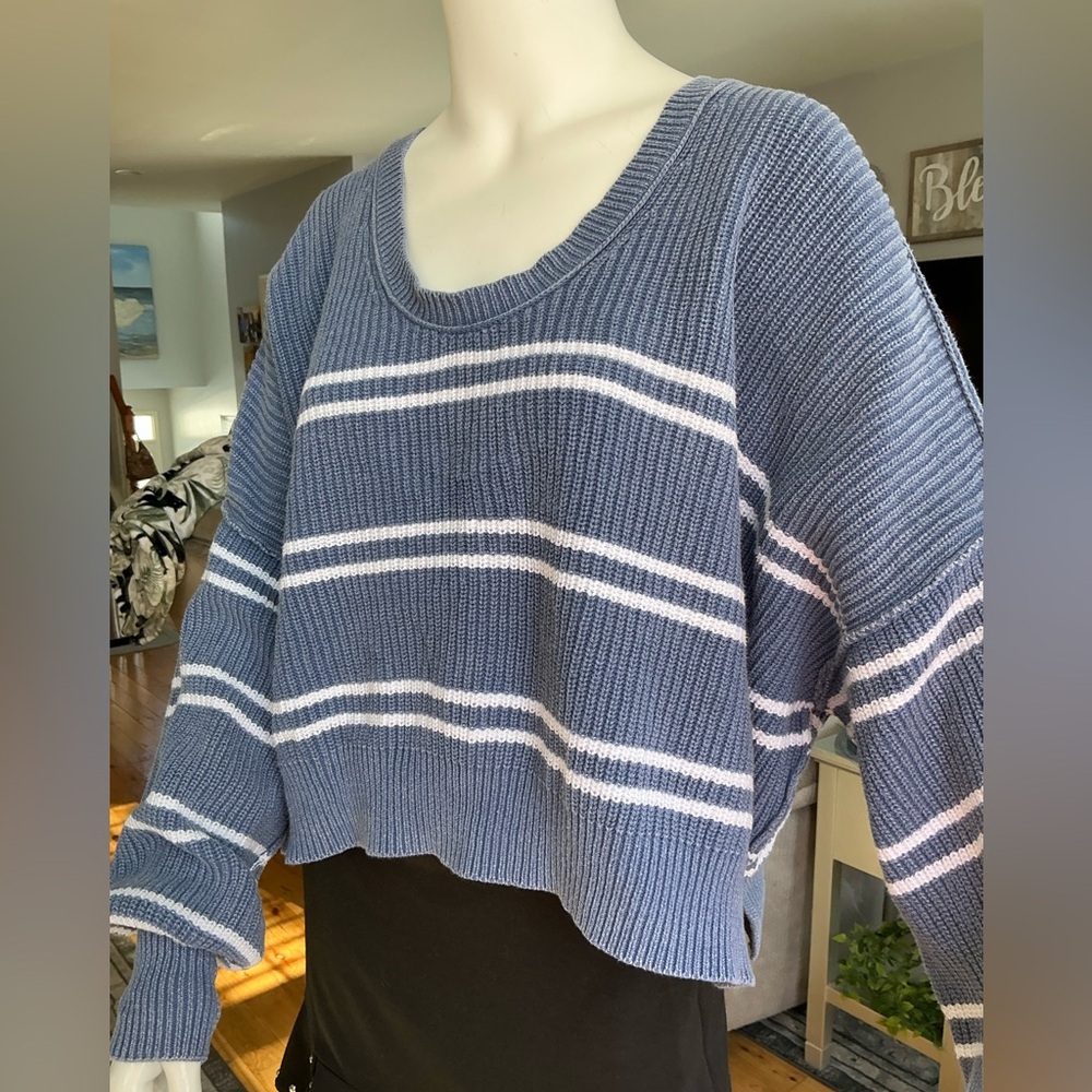 Aerie Blue and White Striped Chunky Drop Shoulder Slouchy Career Woman Medium - Picture 7 of 16
